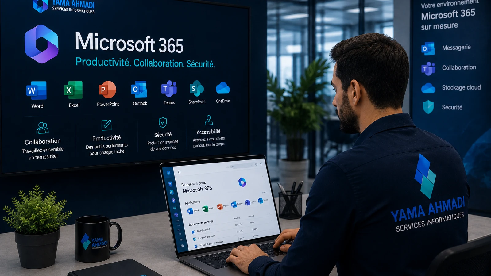 Technicien Yama Ahmadi utilisant Microsoft 365 dans un environnement professionnel