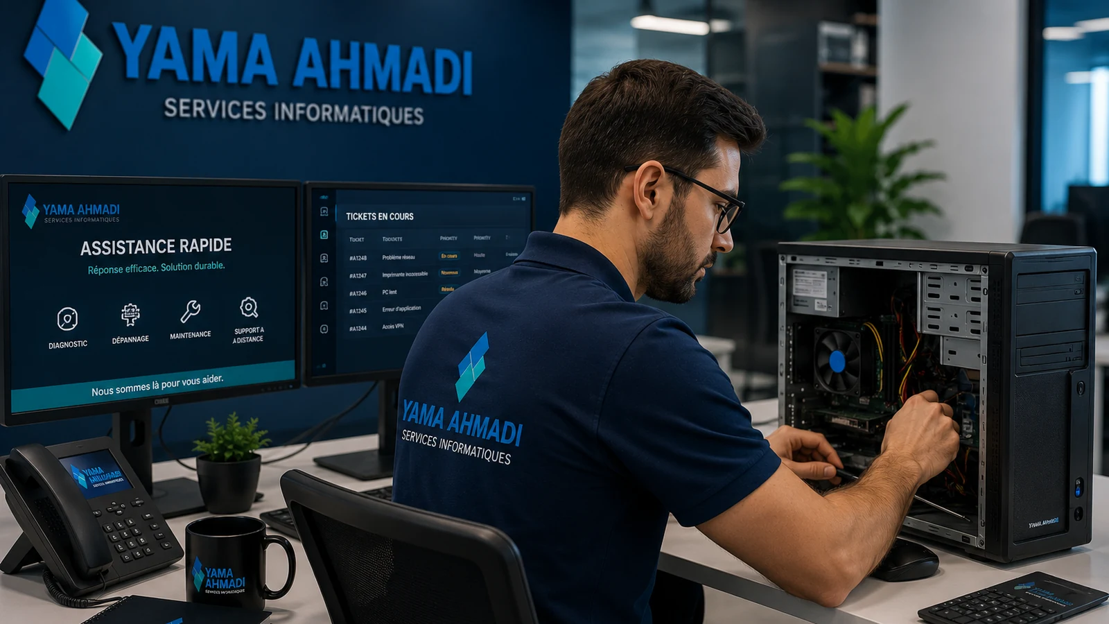 Technicien Yama Ahmadi réalisant un diagnostic et un dépannage informatique rapide