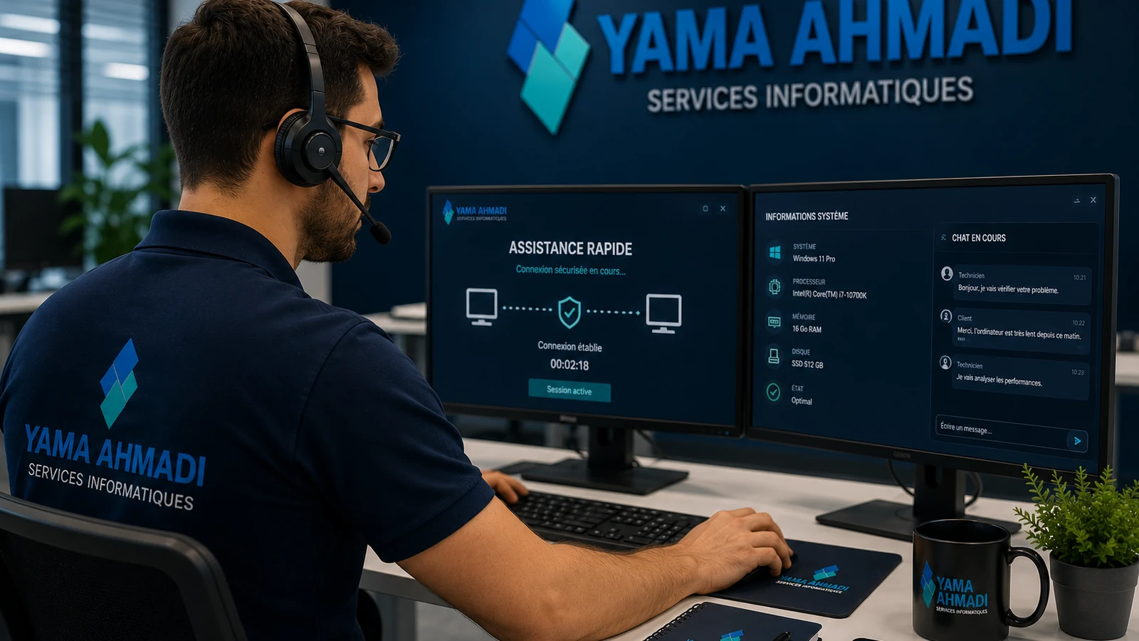 Technicien Yama Ahmadi fournissant une assistance informatique rapide à distance