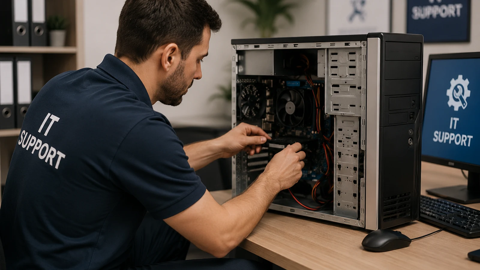 Technicien informatique réalisant une intervention de support sur site