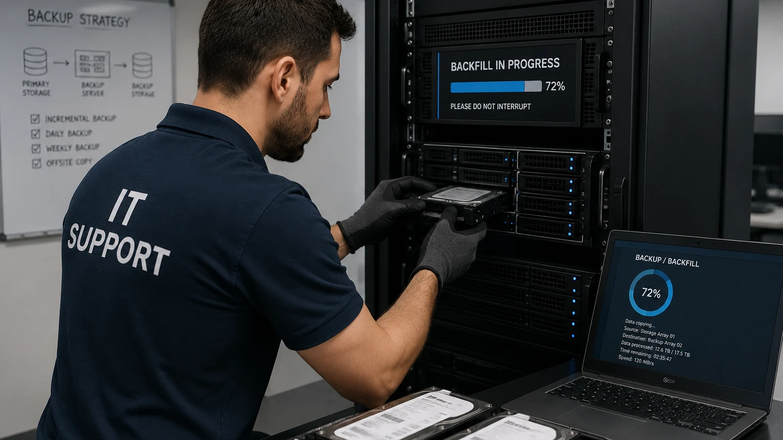 Technicien informatique intervenant dans une salle serveur pour une mission de backfill