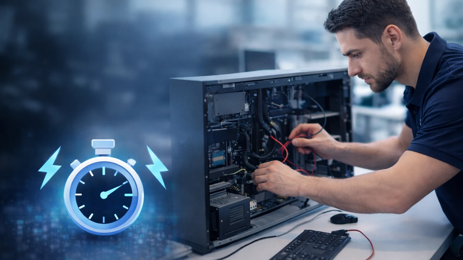 Technicien informatique réalisant une intervention rapide