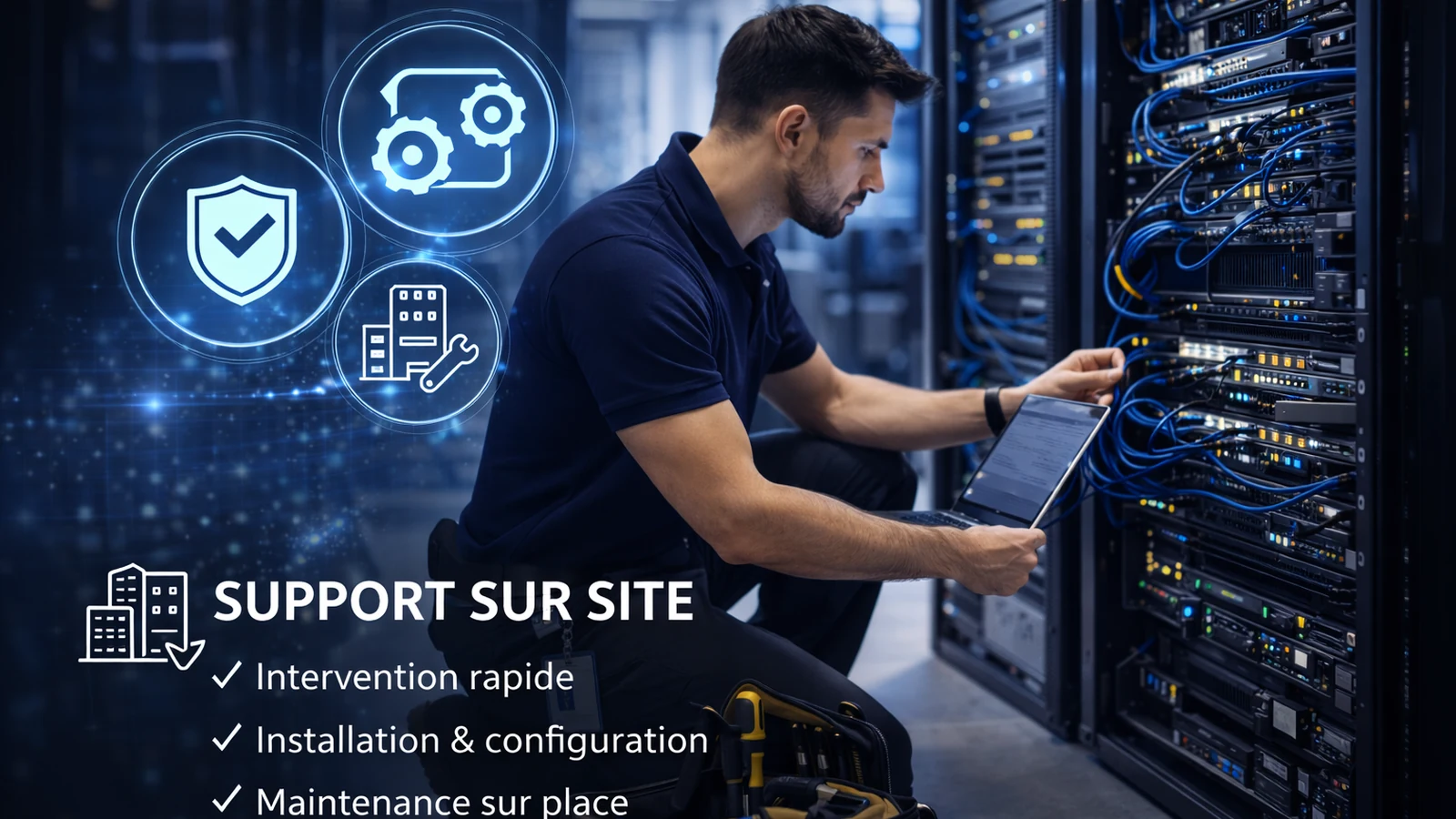 Technicien assurant un support informatique professionnel sur site